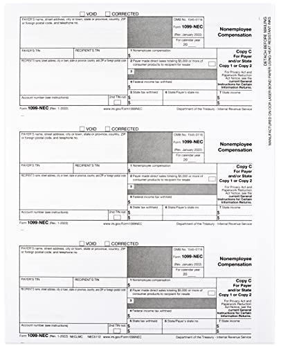 1099 NEC Forms 2022 4-Part Tax Forms Kit, Compatible with QuickBooks and Accounting, 25 Pack, Software and Envelopes NOT Included Software, Made in The USA