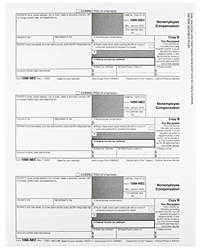 1099 NEC Forms 2022 4-Part Tax Forms Kit, Compatible with QuickBooks and Accounting, 25 Pack, Software and Envelopes NOT Included Software, Made in The USA