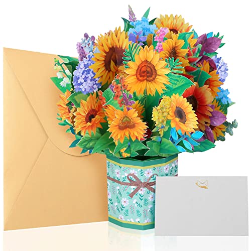 Get Well Soon Pop Up Cards, 3D Paper Flowers Bouquet Greeting Cards Sunflower Birthday Popup Cards Congratulations Gifts for Women Boss Best Friends Mother Parents Birthday Anniversary