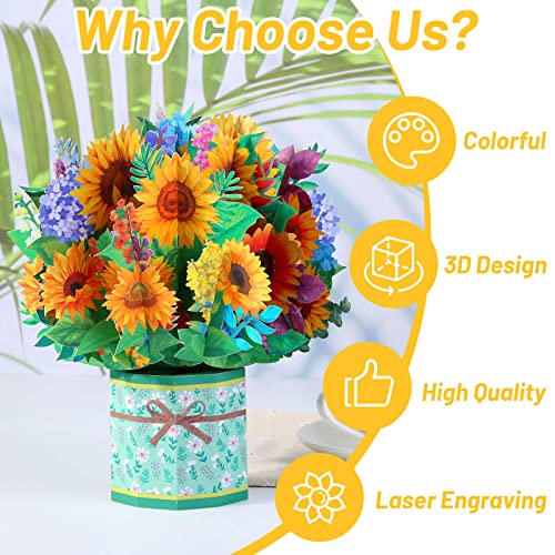 Get Well Soon Pop Up Cards, 3D Paper Flowers Bouquet Greeting Cards Sunflower Birthday Popup Cards Congratulations Gifts for Women Boss Best Friends Mother Parents Birthday Anniversary