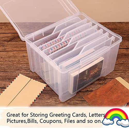 KILONEFE Greeting Card Storage & Organizer Box with 6 Adjustable Dividers for Holiday Birthday Photos, Crafts, Scrapbook, Paper, Stickers, Envelopes and More, Plastic Box of Card (New Version)