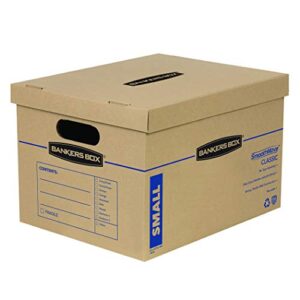 bankers box smoothmove classic moving boxes, tape-free assembly, easy carry handles, small, 15 x 12 x 10 inches, 5 pack (7714902)