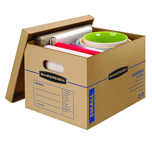 Bankers Box SmoothMove Classic Moving Boxes, Tape-Free Assembly, Easy Carry Handles, Small, 15 x 12 x 10 Inches, 5 Pack (7714902)