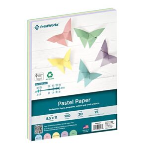 printworks pastel paper, 20 lb, 5 assorted pastel colors, 30% recycled color printer paper, sfi certified, perfect for school and craft projects, 100 sheets, 8.5 x 11 inch (00577)