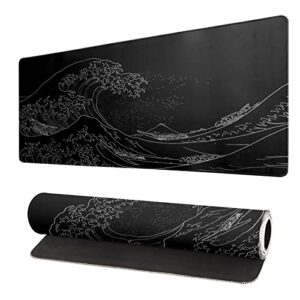 japanese sea wave large mouse pad, anime black gaming mouse pad extended kanagawa mouse mat desk pad, 3mm thick long non-slip rubber base mice pad, 31.5 x 11.8 inch