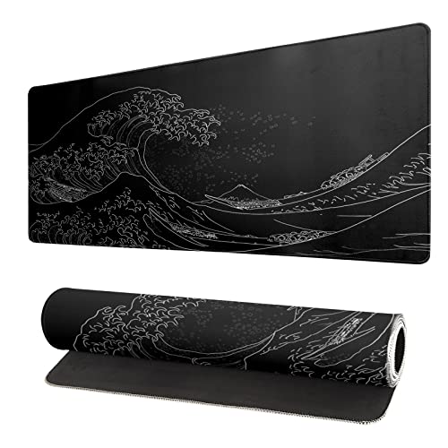 Japanese Sea Wave Large Mouse Pad, Anime Black Gaming Mouse Pad Extended Kanagawa Mouse Mat Desk Pad, 3mm Thick Long Non-Slip Rubber Base Mice Pad, 31.5 X 11.8 Inch