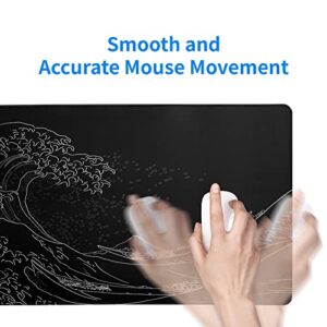 Japanese Sea Wave Large Mouse Pad, Anime Black Gaming Mouse Pad Extended Kanagawa Mouse Mat Desk Pad, 3mm Thick Long Non-Slip Rubber Base Mice Pad, 31.5 X 11.8 Inch