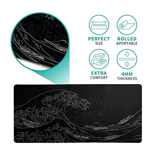 Japanese Sea Wave Large Mouse Pad, Anime Black Gaming Mouse Pad Extended Kanagawa Mouse Mat Desk Pad, 3mm Thick Long Non-Slip Rubber Base Mice Pad, 31.5 X 11.8 Inch