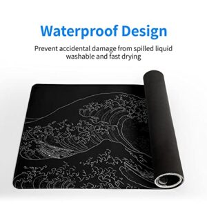 Japanese Sea Wave Large Mouse Pad, Anime Black Gaming Mouse Pad Extended Kanagawa Mouse Mat Desk Pad, 3mm Thick Long Non-Slip Rubber Base Mice Pad, 31.5 X 11.8 Inch