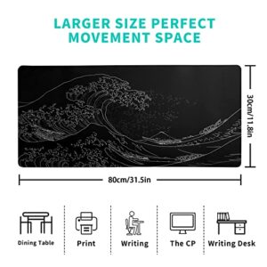 Japanese Sea Wave Large Mouse Pad, Anime Black Gaming Mouse Pad Extended Kanagawa Mouse Mat Desk Pad, 3mm Thick Long Non-Slip Rubber Base Mice Pad, 31.5 X 11.8 Inch