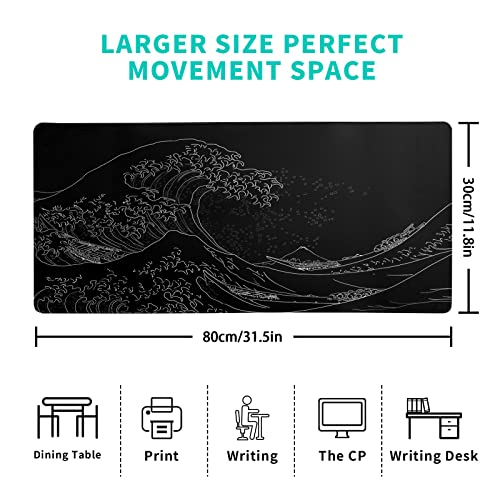 Japanese Sea Wave Large Mouse Pad, Anime Black Gaming Mouse Pad Extended Kanagawa Mouse Mat Desk Pad, 3mm Thick Long Non-Slip Rubber Base Mice Pad, 31.5 X 11.8 Inch