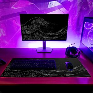 Japanese Sea Wave Large Mouse Pad, Anime Black Gaming Mouse Pad Extended Kanagawa Mouse Mat Desk Pad, 3mm Thick Long Non-Slip Rubber Base Mice Pad, 31.5 X 11.8 Inch