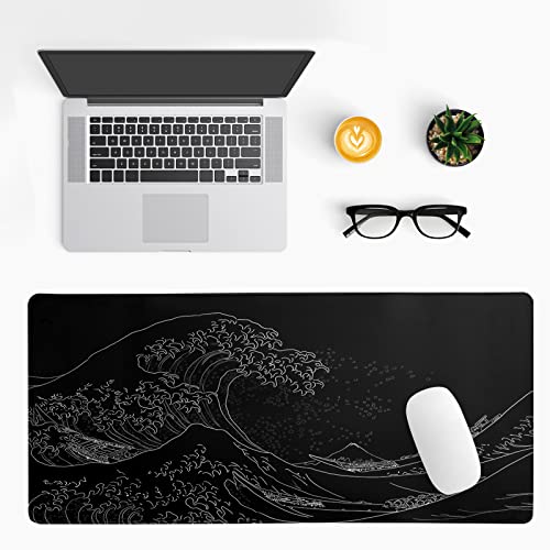 Japanese Sea Wave Large Mouse Pad, Anime Black Gaming Mouse Pad Extended Kanagawa Mouse Mat Desk Pad, 3mm Thick Long Non-Slip Rubber Base Mice Pad, 31.5 X 11.8 Inch