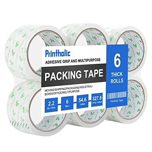 Printholic Packing Tape 6 Rolls Heavy Duty Shipping Packaging Tape 1.88" x 54.6 Yards, 3" Core, Clear, for Moving Packaging Shipping Office Storage, Transparent Tape Refills for Dispenser