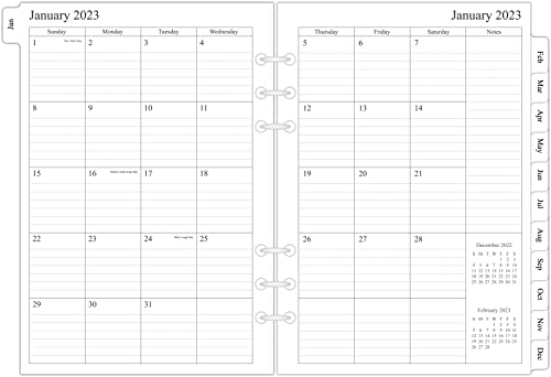 2023 Monthly Planner Refill for A5 Binder, Two Page Per Month, January 2023 - December 2023, 5.6"x8.3", 6-Hole Punched