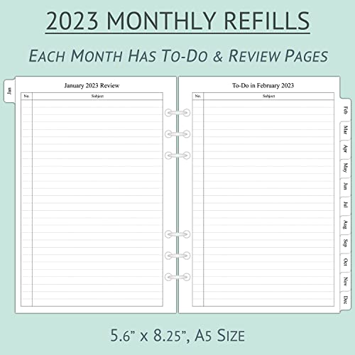 2023 Monthly Planner Refill for A5 Binder, Two Page Per Month, January 2023 - December 2023, 5.6"x8.3", 6-Hole Punched