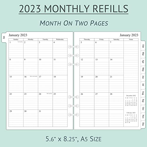 2023 Monthly Planner Refill for A5 Binder, Two Page Per Month, January 2023 - December 2023, 5.6"x8.3", 6-Hole Punched