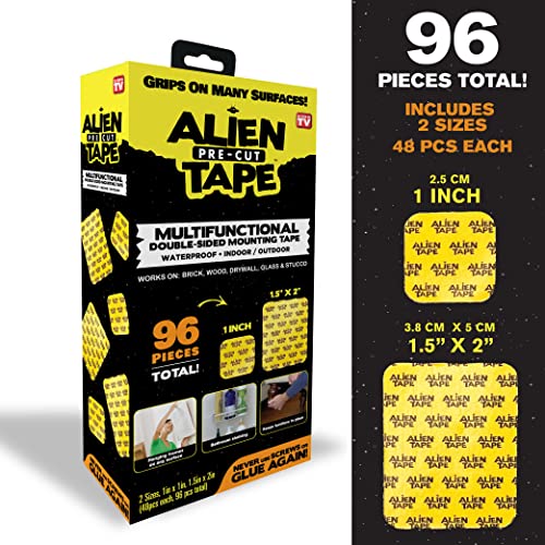 Alientape Pre Cut 96 Piece Set Double Sided Tape Multipurpose Removable Adhesive Transparent Grip Mounting Strips Washable Strong Sticky Heavy Duty for Carpet Photo Frame Poster Décor As Seen On TV
