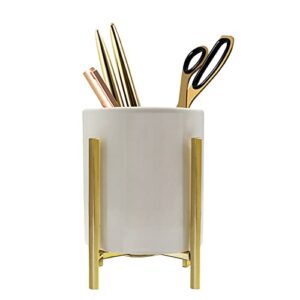 siebold gold pencil cup sturdy metal frame with white ceramic pen holder for desks and kitchen appliance holders(1set 4.6 – 3.14”)