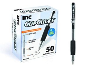 inc. clipclicks retractable ballpoint pens – bulk 1.0-mm medium-point pen set with comfort grip for school, office, writing, and journaling, 50 count, black
