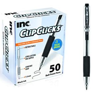 Inc. ClipClicks Retractable Ballpoint Pens - Bulk 1.0-mm Medium-Point Pen Set With Comfort Grip for School, Office, Writing, and Journaling, 50 Count, Black
