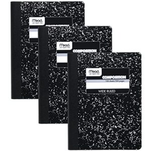 Mead Composition Notebook, Wide Ruled Paper, 9-3/4" x 7-1/2", 100 Sheets per Notebook, Black Marble (38301), Pack of 3