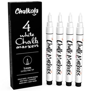 extra fine tip white chalk markers (4 pack 1mm point) chalk pens – white dry erase marker pen for blackboard, chalkboards, windows, glass, bistro, signs