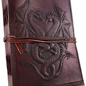 AzureGreen DOUBLE DRAGON Blank Page BOOK Handcrafted Leather Writing Unlined 5 x 7 JOURNAL (Brown)