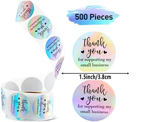 500 Pieces 1.5'' Thank You for Supporting My Small Business Stickers Roll Stickers Adhesive Holographic Stickers Rainbow Stickers for Business Online Retailers Boutiques Shops