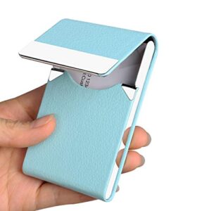 junelsy professional business card holder case pu leather metal name card holder pocket business card carrier for men & women with magnetic shut (light blue-y)