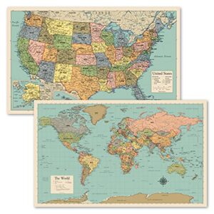 2 pack – world map poster & usa map chart [tan/color] (laminated, 18” x 29”)