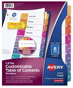 avery 8-tab dividers for 3 ring binders, customizable table of contents, multicolor tabs, 6 sets (11186)