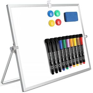 dry erase white board, 16″x12″ double-sided magnetic whiteboard with 10 markers, 4 magnets, 1 eraser, small white board withe stand, white board easel for kids drawing memo to do list wall school