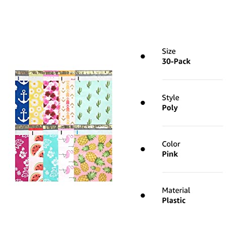 Designer Poly Mailers 10x13: Sample Variety Pack ~ Anchor, Daisy, Hibiscus, Arrow, Cactus, Pink & Mint Aloha, Watermelon, Flamingo, Pineapple Printed Self Sealing Shipping Poly Envelopes Bag (30 Pcs)