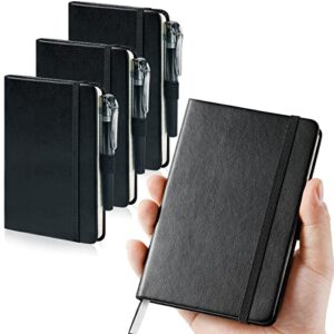(3 pack) pocket notebook journal, hardcover small mini notebooks with pens for work, 3.7″ x 5.7″ a6 notebook college ruled with 100gsm premium thick lined paper, black leather