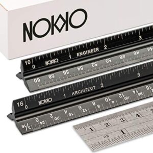 NOKKO Architectural and Engineering Scale Ruler Set - Professional Measuring Kit for Drafting, Construction - Imperial and Metric Conversion Table Included - Laser-Etched Markings, Anodized Aluminum