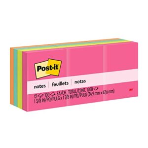 post-it mini notes, 1.5 in x 2 in, 12 pads, america’s #1 favorite sticky notes, cape town collection, bright colors (magenta, pink, blue, green), clean removal, recyclable (653an)