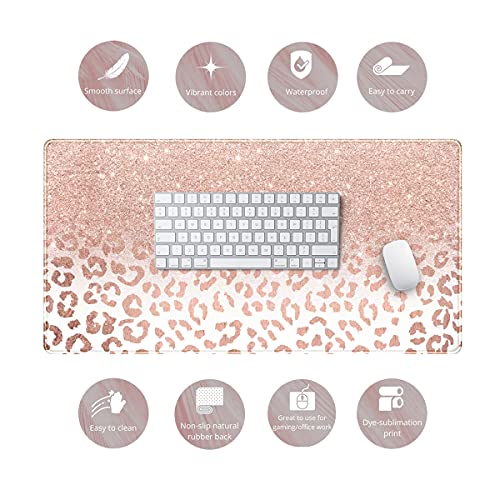Desk Mat XXL Mouse pad, Pink Rose Gold Leopard Print Office Supplies and Accessories Decor Office for Women 31.5X15.75in,Stitched Edges Smooth and Non-Slip Rubber Bottom, Large Mouse pad for Desk