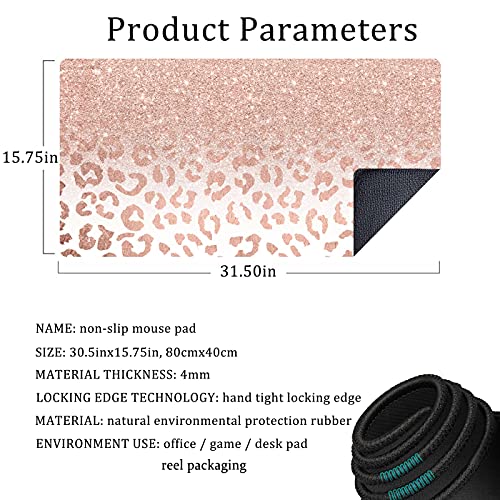 Desk Mat XXL Mouse pad, Pink Rose Gold Leopard Print Office Supplies and Accessories Decor Office for Women 31.5X15.75in,Stitched Edges Smooth and Non-Slip Rubber Bottom, Large Mouse pad for Desk