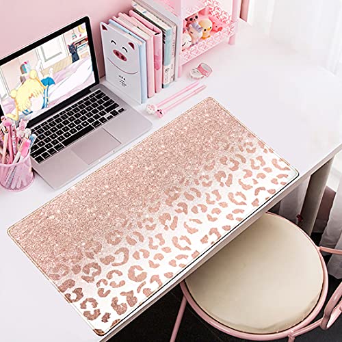 Desk Mat XXL Mouse pad, Pink Rose Gold Leopard Print Office Supplies and Accessories Decor Office for Women 31.5X15.75in,Stitched Edges Smooth and Non-Slip Rubber Bottom, Large Mouse pad for Desk