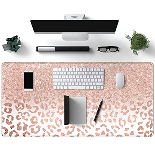 Desk Mat XXL Mouse pad, Pink Rose Gold Leopard Print Office Supplies and Accessories Decor Office for Women 31.5X15.75in,Stitched Edges Smooth and Non-Slip Rubber Bottom, Large Mouse pad for Desk