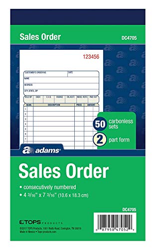 Adams Sales Order Books, 2-Part, Carbonless, White/Canary, 4-3/16 x 7-3/16 Inches, 50 Sets per Book, 6 Books