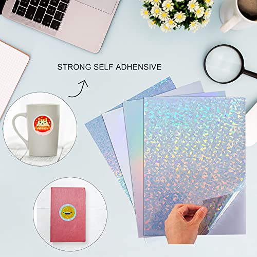 24 Sheets Vinyl Printable Sticker Paper A4 Size (8.25" x 11.7") Holographic Glossy Sticker Paper Self-Adhesive Waterproof Dries Quickly For Inkjet/Laser Printer