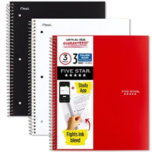 five star spiral notebooks, 3-subject, college ruled paper, 11″ x 8-1/2″, 150 sheets, black, white, & red (73393)