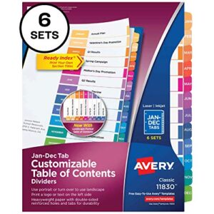 avery monthly dividers for 3 ring binders, customizable table of contents, multicolor tabs, 6 sets (11830)