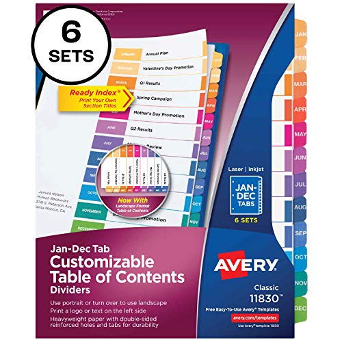 Avery Monthly Dividers for 3 Ring Binders, Customizable Table of Contents, Multicolor Tabs, 6 Sets (11830)