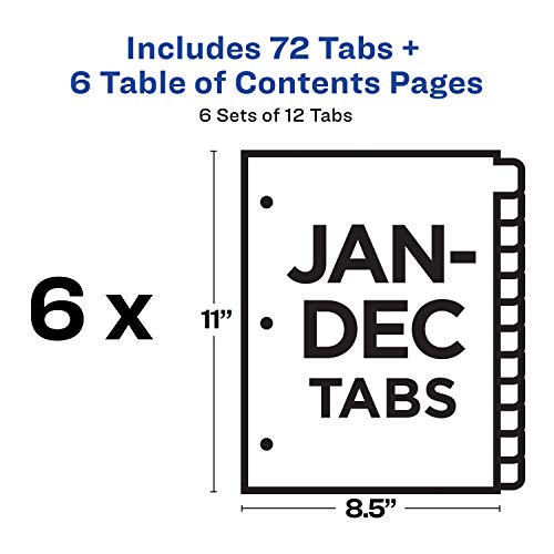 Avery Monthly Dividers for 3 Ring Binders, Customizable Table of Contents, Multicolor Tabs, 6 Sets (11830)