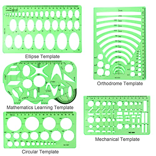 11PCS Geometric Drawings Templates, Drafting Stencils Measuring Tools, BetyBedy Plastic Clear Green Ruler Shapes with a Zipper Bags for Architecture, Office, Studying, Designing and Building