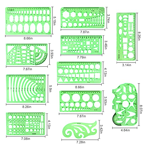 11PCS Geometric Drawings Templates, Drafting Stencils Measuring Tools, BetyBedy Plastic Clear Green Ruler Shapes with a Zipper Bags for Architecture, Office, Studying, Designing and Building