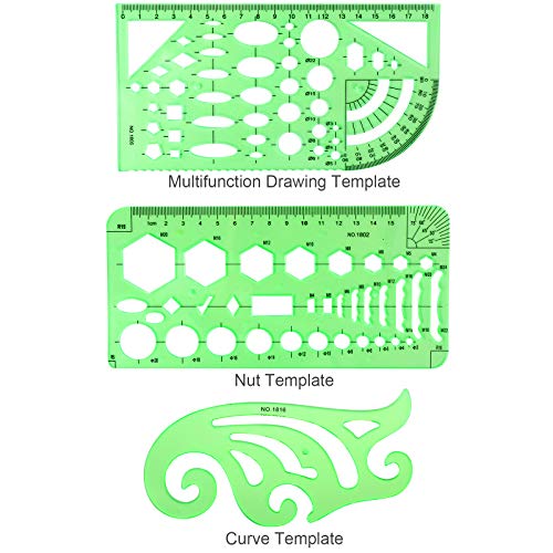 11PCS Geometric Drawings Templates, Drafting Stencils Measuring Tools, BetyBedy Plastic Clear Green Ruler Shapes with a Zipper Bags for Architecture, Office, Studying, Designing and Building
